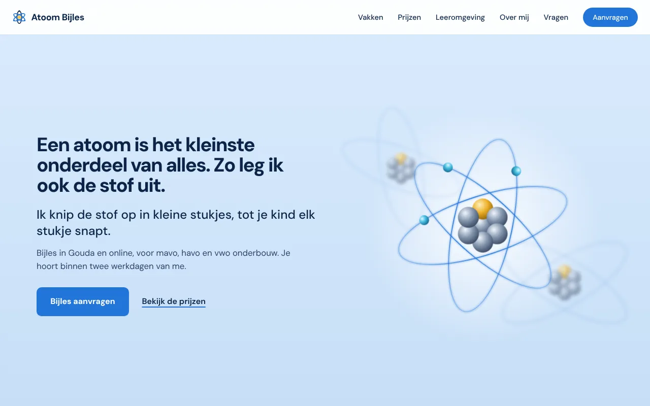 Website van Atoom Bijles, bijles in Gouda en online
