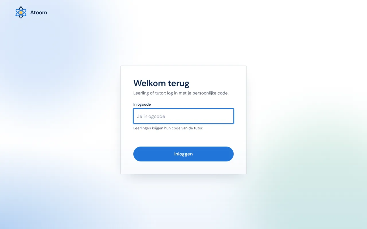 Inlogscherm van de digitale leeromgeving van Atoom Bijles