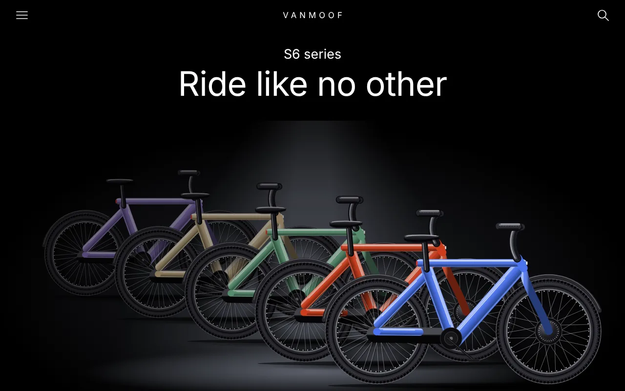 Conceptwebsite voor een elektrische stadsfiets met vijf kleuren, spotlight en kleurkiezer